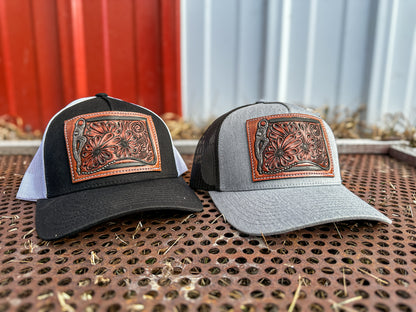 Bridle Bit and Daisy Tooled Leather Patch Cap