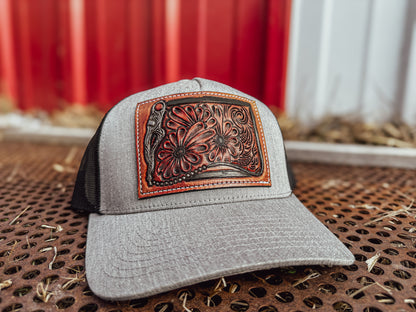 Bridle Bit and Daisy Tooled Leather Patch Cap