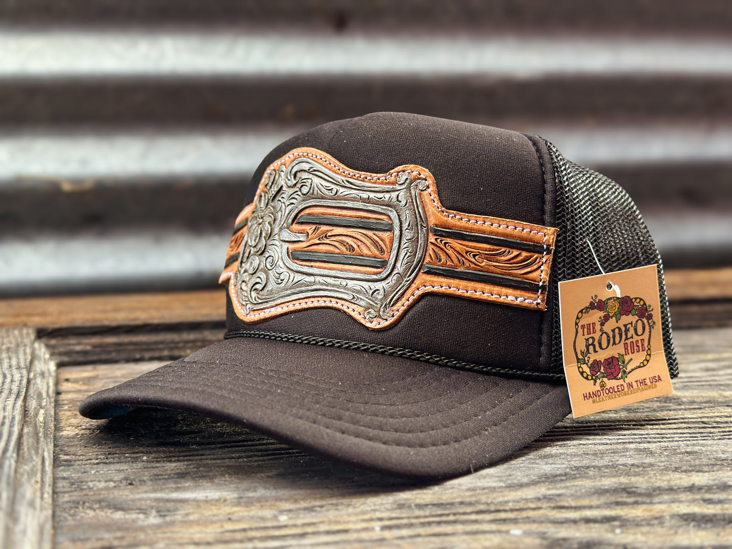 Silver Buckle Handtooled Leather Patch Cap