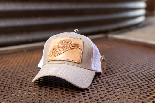 Tooled Cowboy Hat Leather Patch Chambray Low Profile Trucker Cap