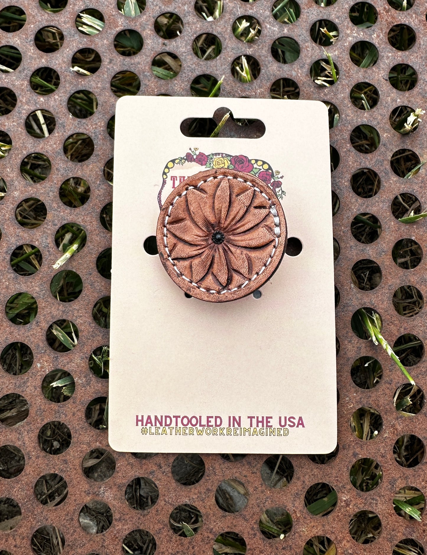 Hand Tooled Leather Hair-Tie with Sunflower