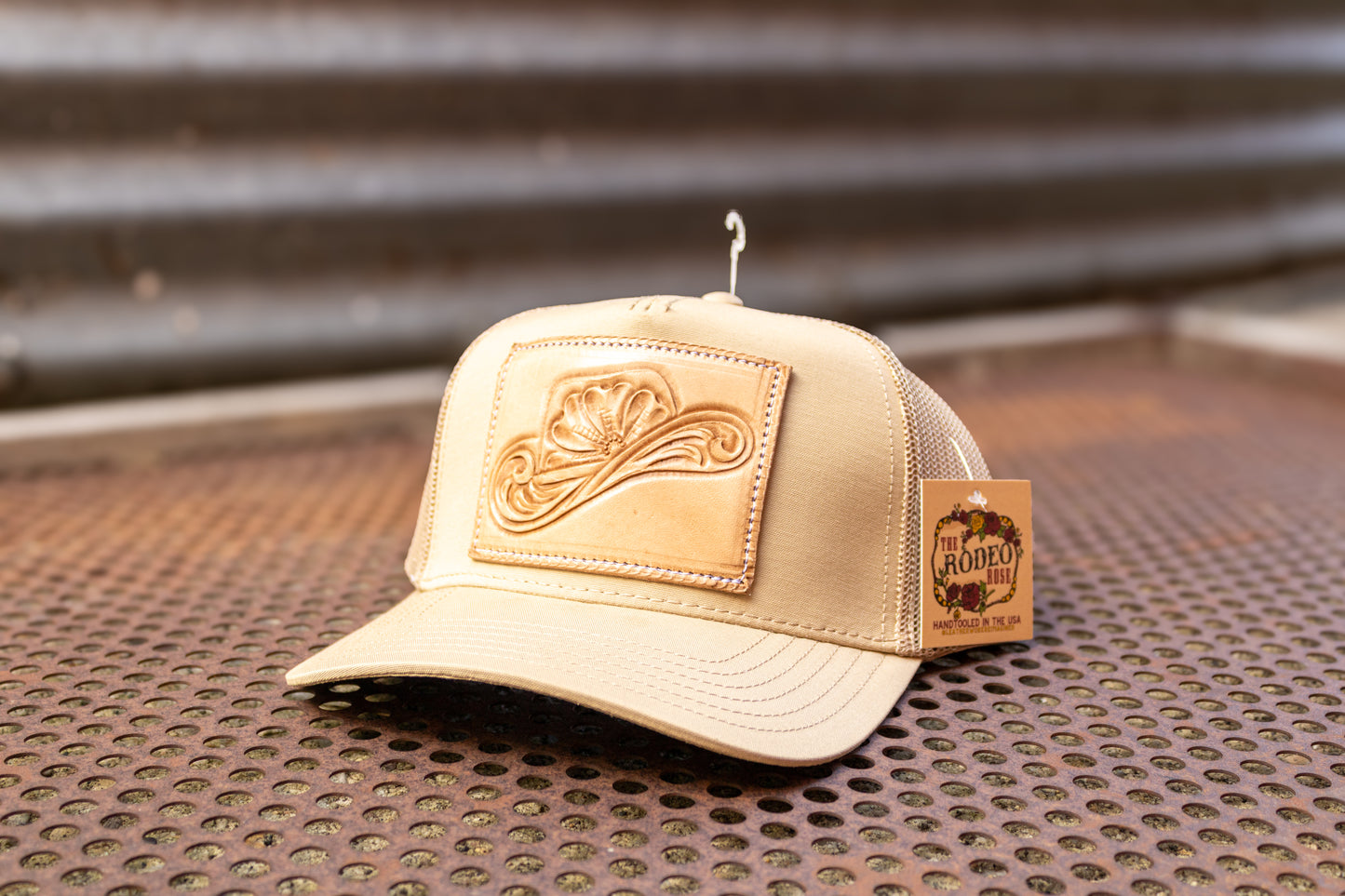 Tooled Cowboy Hat Leather Patch Mid Profile Trucker Cap