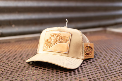 Tooled Cowboy Hat Leather Patch Mid Profile Trucker Cap