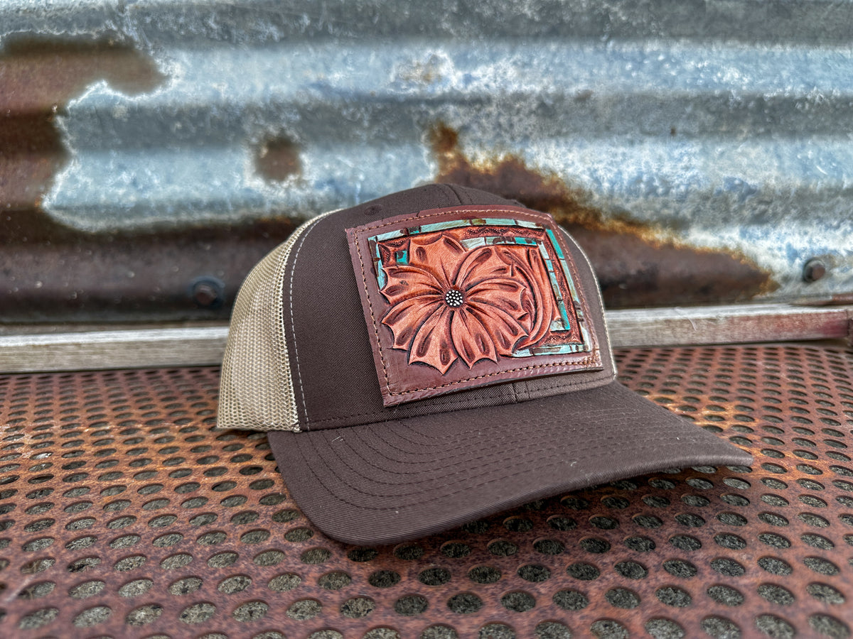 The Daisy Handtooled Leather Patch Cap with Turquoise 