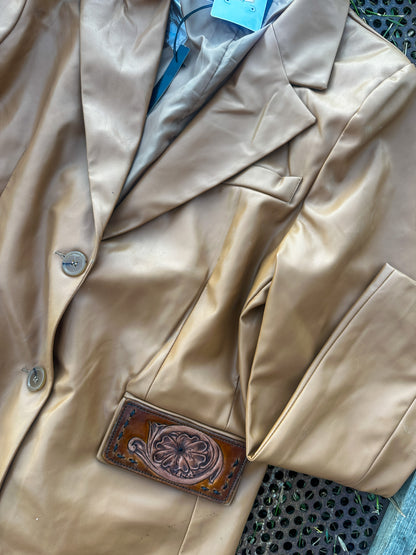 Light Brown Pleather Blazer with Tooled Pockets