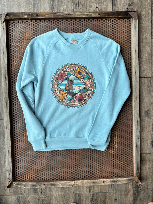 Breakaway Roper sponge fleece raglan crewneck sweatshirt in heather blue The Rodeo Rose