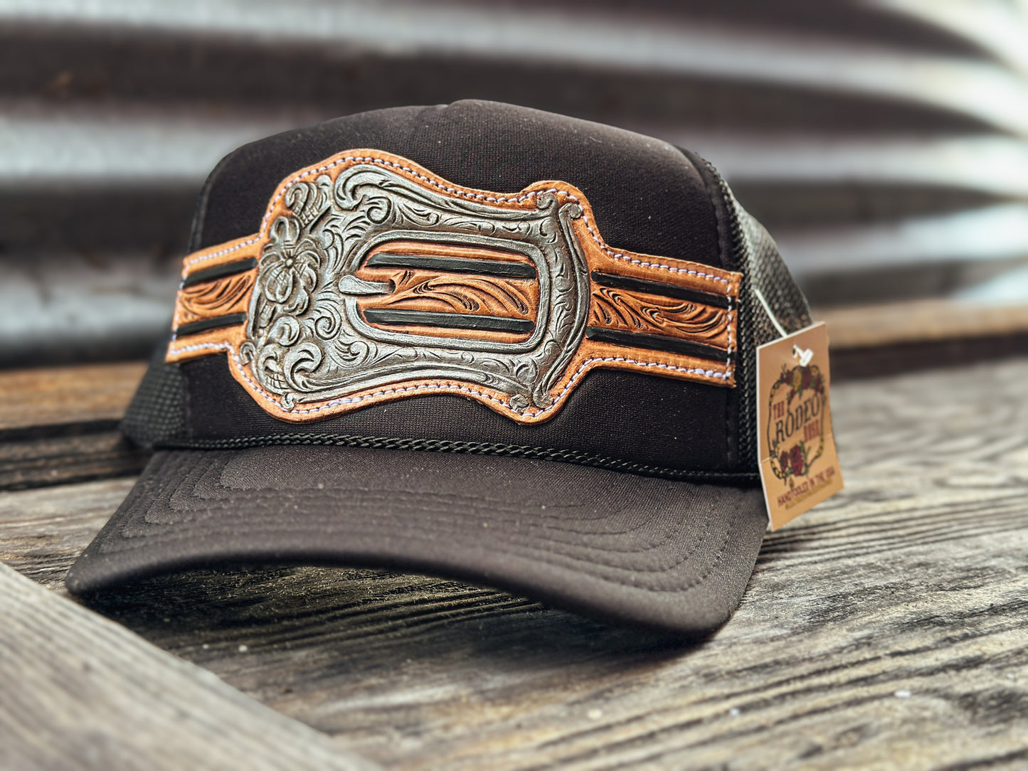 Silver Buckle Handtooled Leather Patch Cap