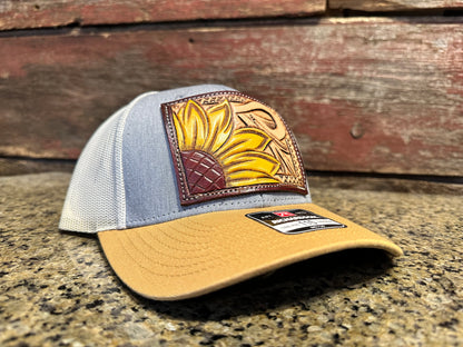 Sunflower and Southwest Handtooled Leather Patch Cap