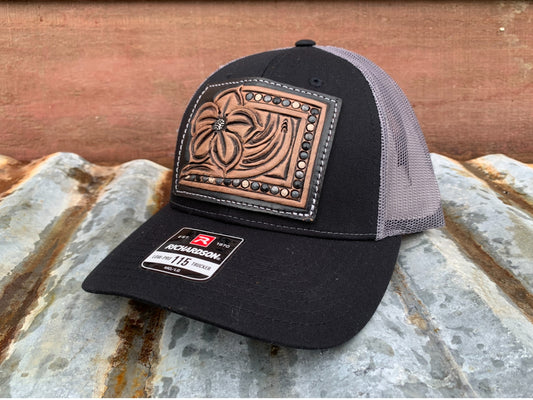 The Pansy Handtooled Leather Patch Cap with Beaded Border The Rodeo Rose