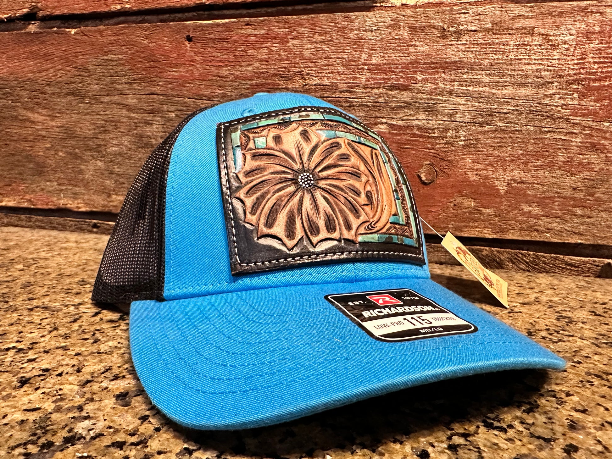 The Daisy Handtooled Leather Patch Cap with Turquoise Southwestern Border***special edition colors*** The Rodeo Rose