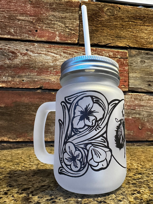 Ranch bronc mason jar cup with lid and straw