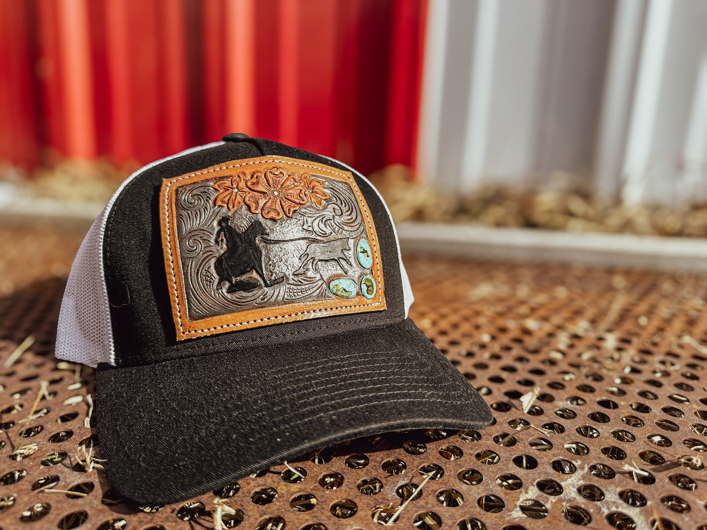 Breakaway Roper Tooled Leather Turquoise Patch Cap