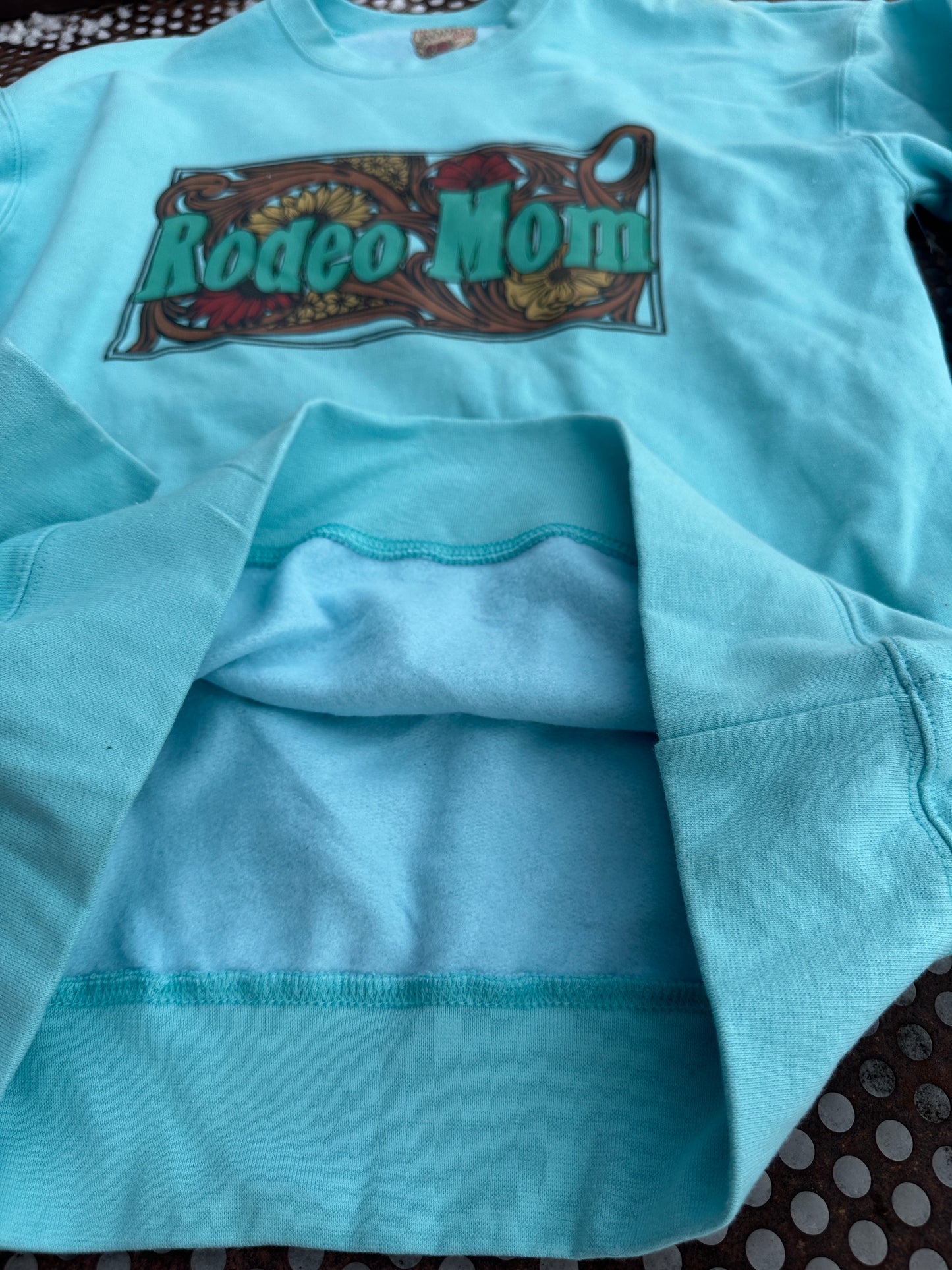 Rodeo Mom crewneck sweatshirt in bright turquoise