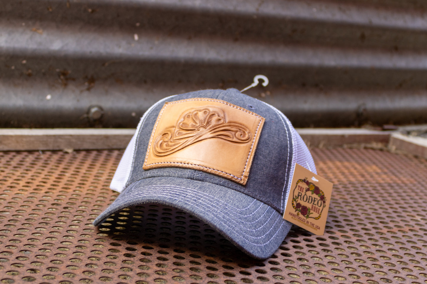 Tooled Cowboy Hat Leather Patch Chambray Low Profile Trucker Cap
