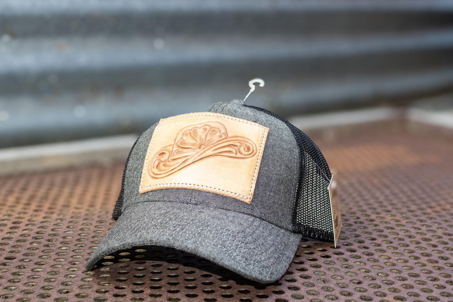 Tooled Cowboy Hat Leather Patch Chambray Low Profile Trucker Cap