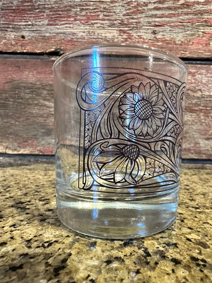 On the Rocks Glass 12 oz floral tooled design The Rodeo Rose