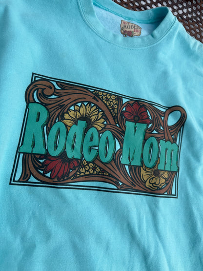 Rodeo Mom crewneck sweatshirt in bright turquoise