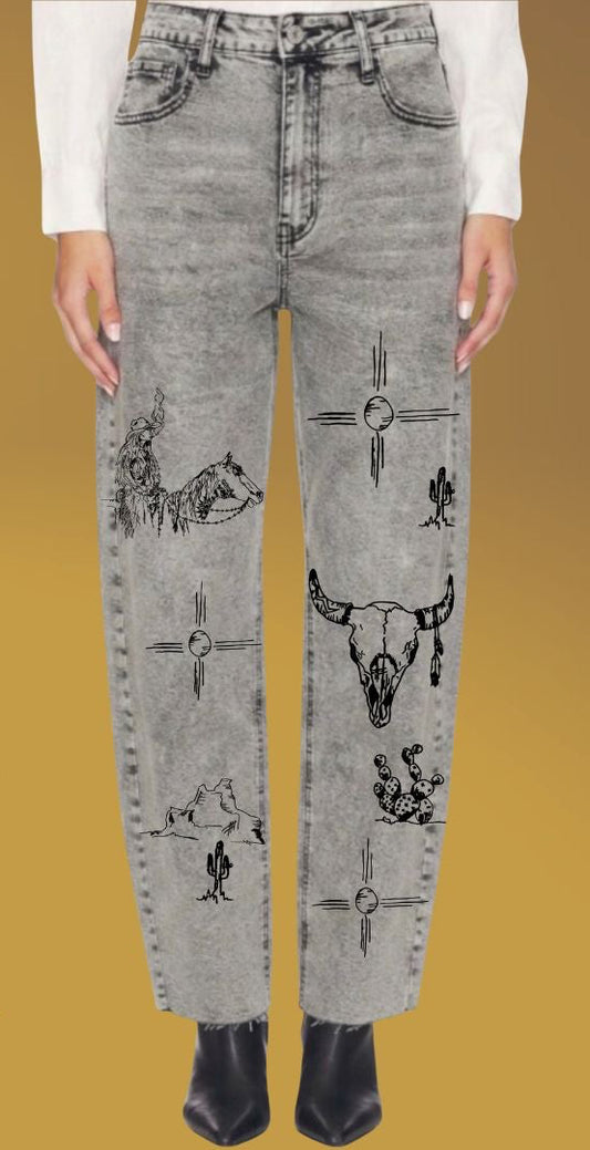 Indian Graffiti Barrel Jeans