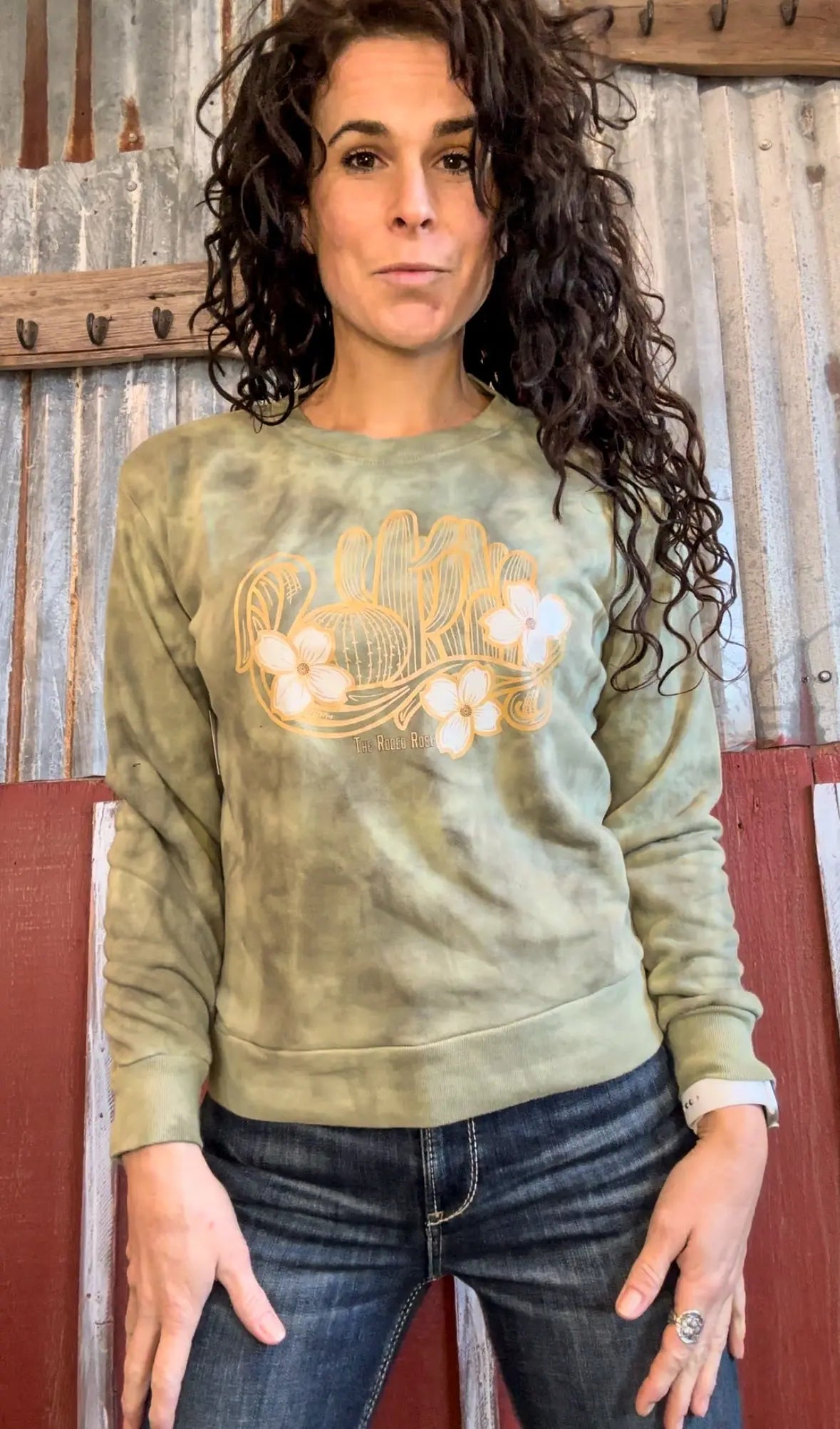 Cactus floral crewneck sweatshirt in a washed sage green The Rodeo Rose