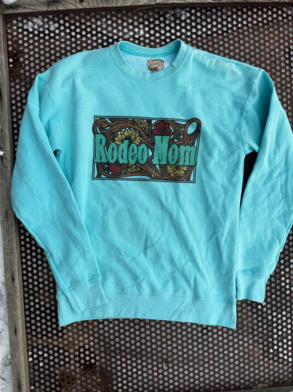 Rodeo Mom crewneck sweatshirt in bright turquoise