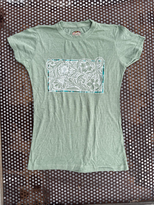 Hand drawn floral scroll t shirt in heather sage