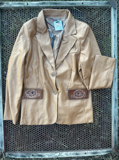 Light Brown Pleather Blazer with Tooled Pockets