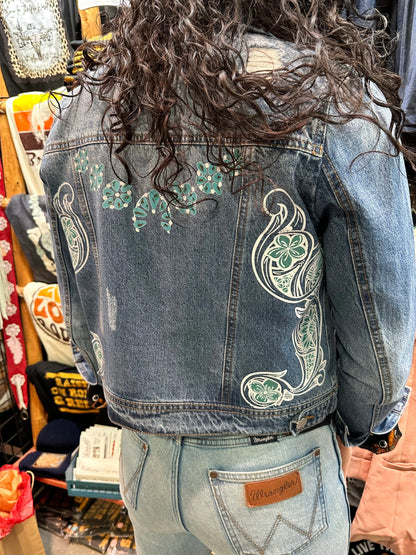 Denim jacket with Squash Blossom and tooled sides. The Rodeo Rose