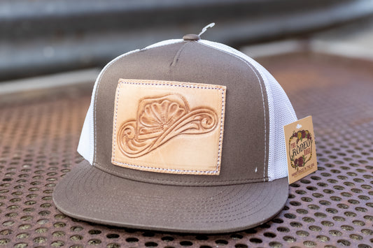 Tooled Cowboy Hat Leather Patch Trucker Cap