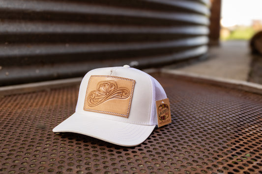 Tooled Cowboy Hat Leather Patch Mid Profile Trucker Cap