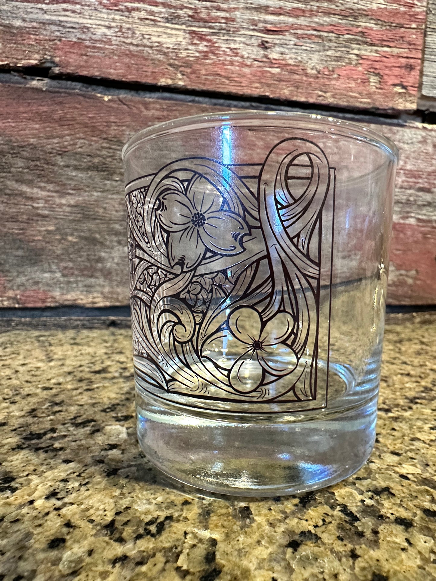 On the Rocks Glass 12 oz floral tooled design The Rodeo Rose