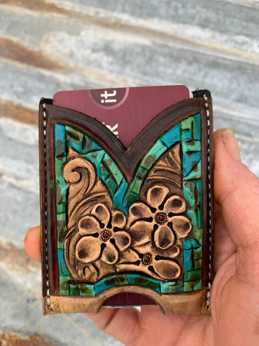 Hand Tooled Leather Boot Wallet with Petite Flowers and Turquoise Border The Rodeo Rose