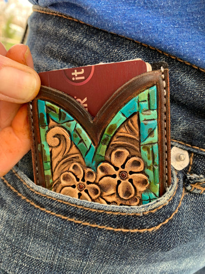 Hand Tooled Leather Boot Wallet with Petite Flowers and Turquoise Border The Rodeo Rose