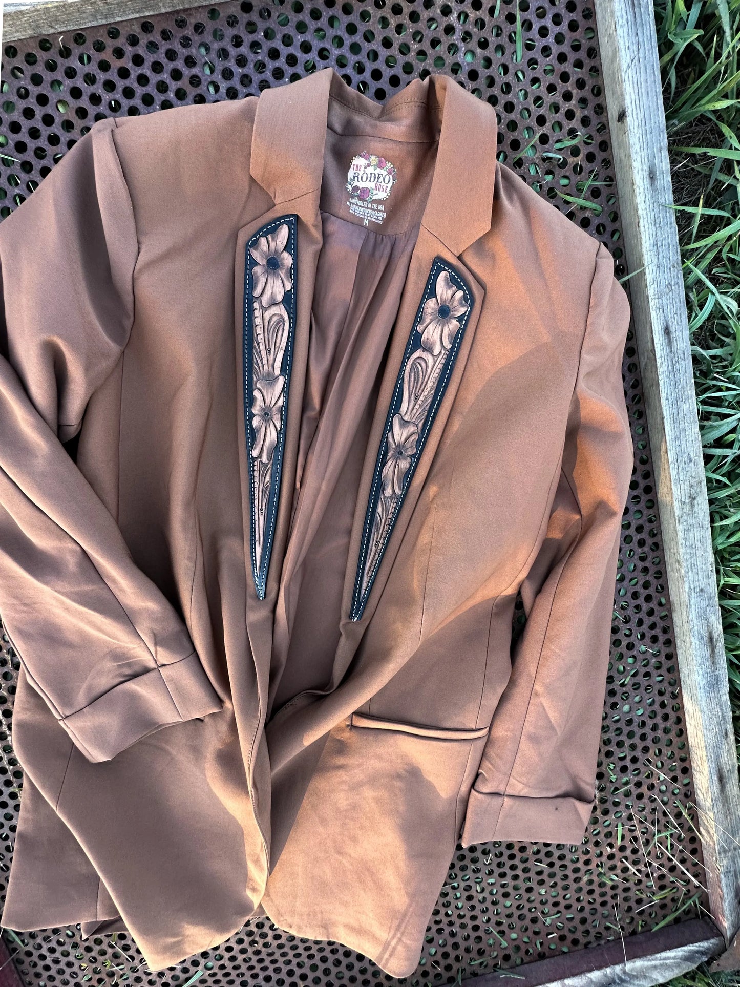 Hand Tooled Lapel Blazer in Camel The Rodeo Rose