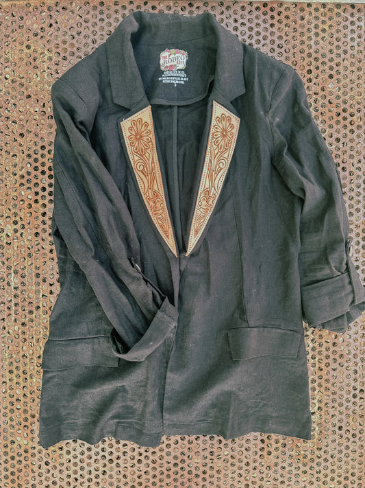 Black linen blazer with natural tooled lapels The Rodeo Rose