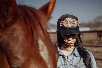 Silver Buckle Handtooled Leather Patch Cap
