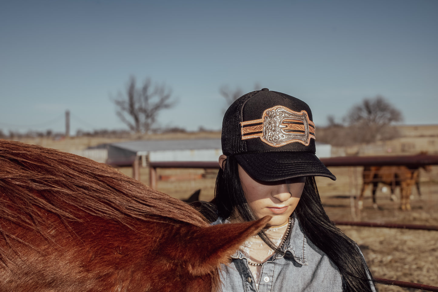 Silver Buckle Handtooled Leather Patch Cap