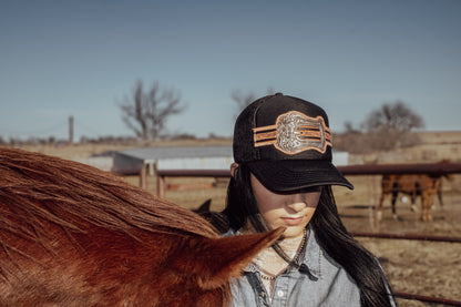 Silver Buckle Handtooled Leather Patch Cap