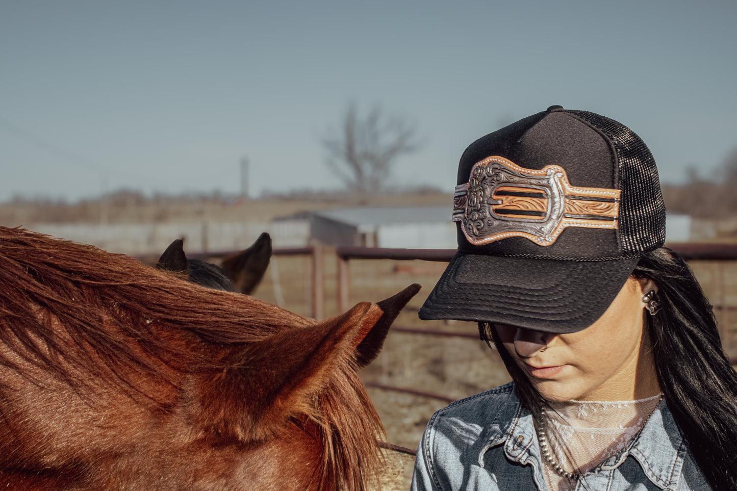 Silver Buckle Handtooled Leather Patch Cap