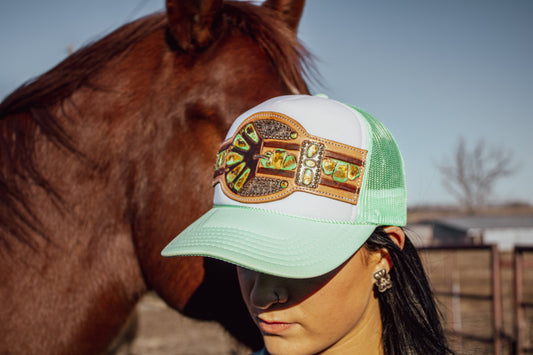 Green Turquoise Handtooled Buckle Cap