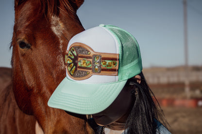 Green Turquoise Handtooled Buckle Cap