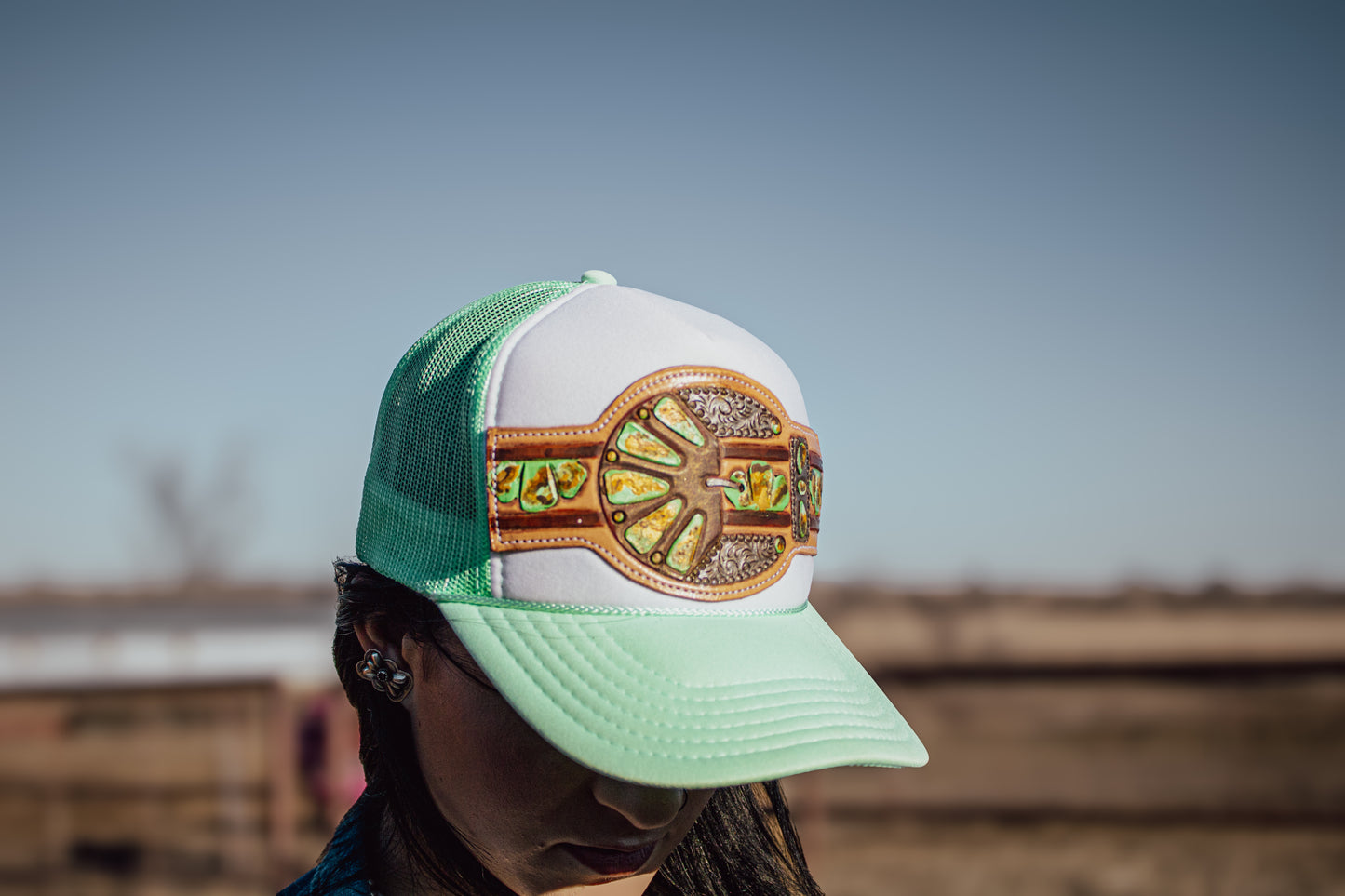 Green Turquoise Handtooled Buckle Cap