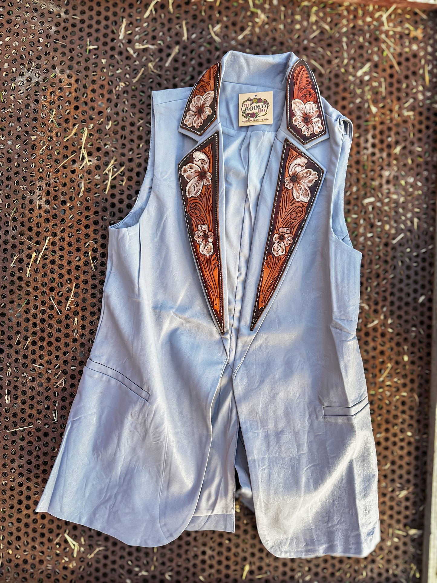 Spring Blue Hand Tooled Lapel Vest