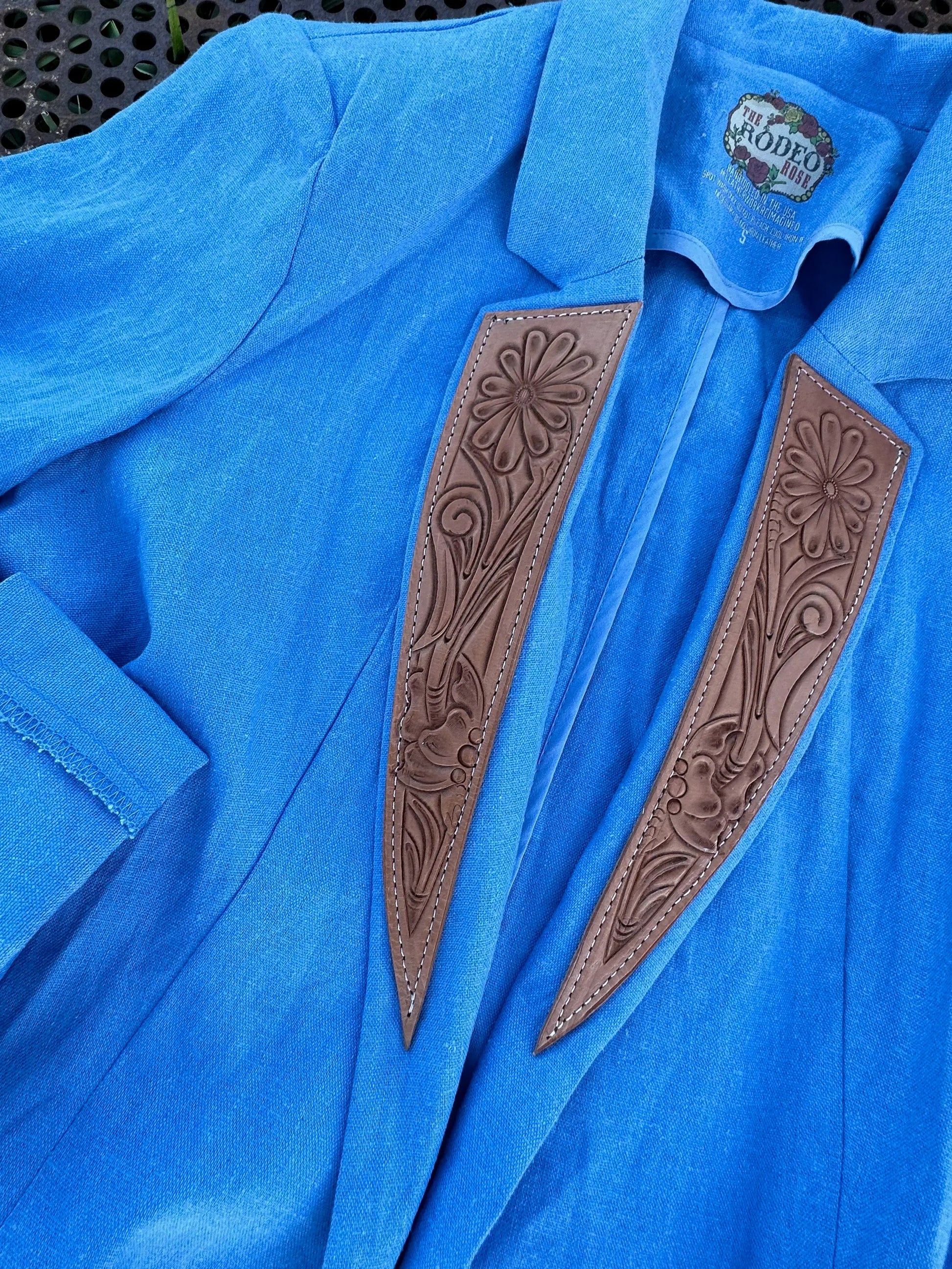 Spring blue linen blazer with natural tooled lapels The Rodeo Rose