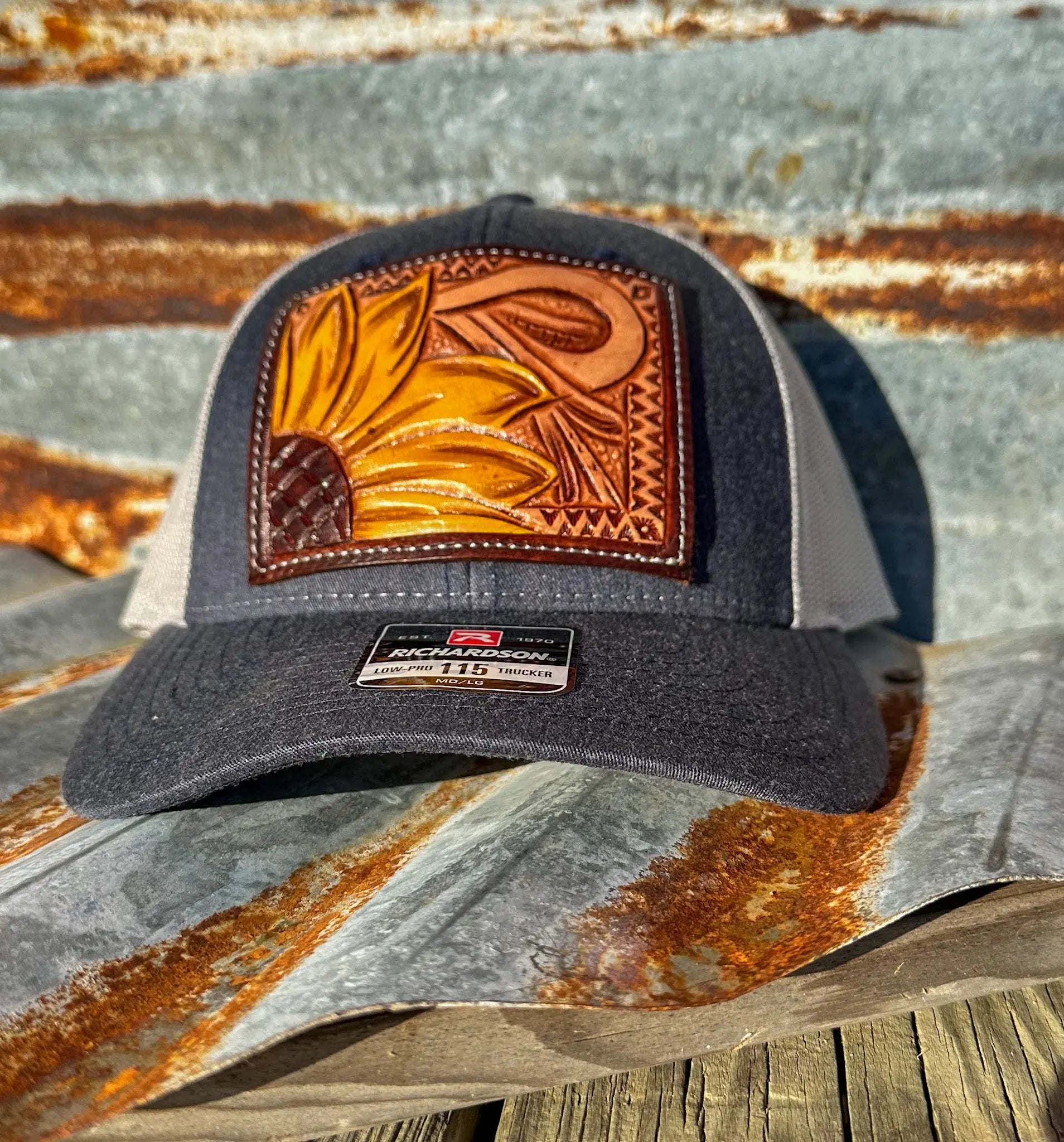 Sunflower and Southwest Handtooled Leather Patch Cap The Rodeo Rose