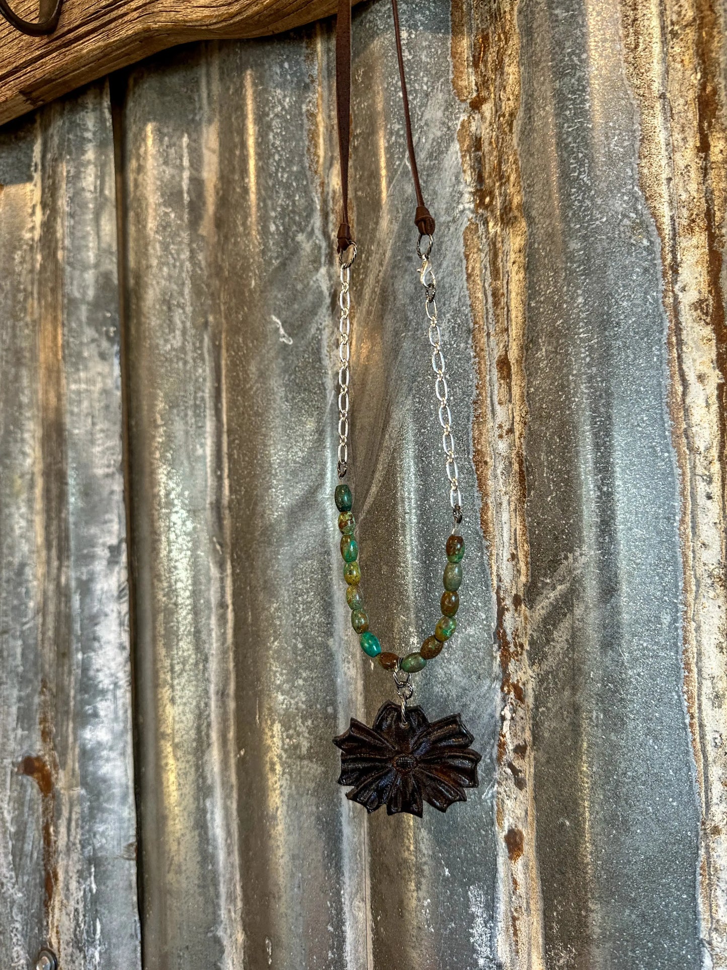 The Mabel Necklace with Green Turquoise Beads and Handtooled Leather Flower Pendant The Rodeo Rose