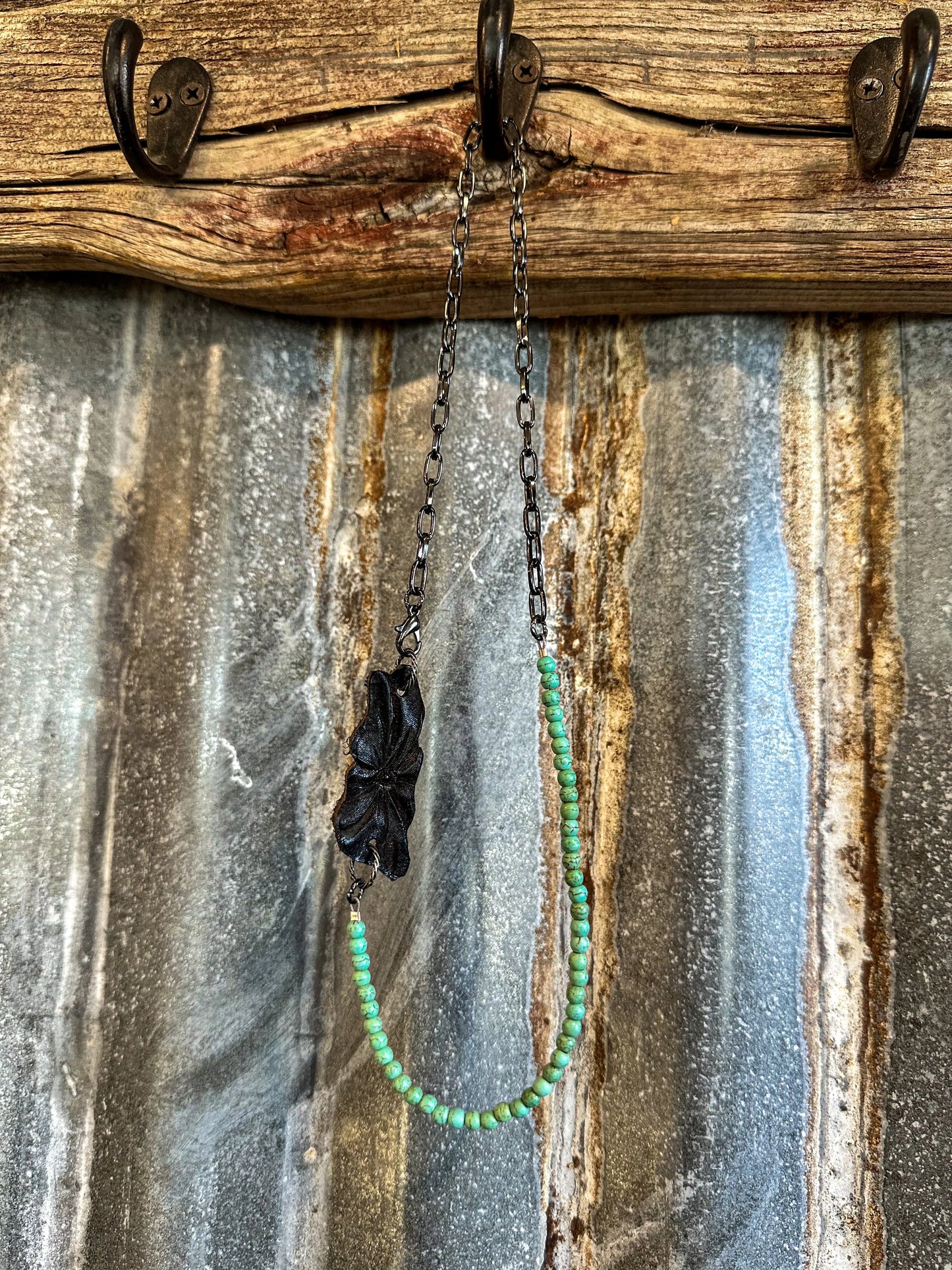 The Patsy Necklace with Petite Green Turquoise Beads and Tooled Leather Sheridan Pendant The Rodeo Rose
