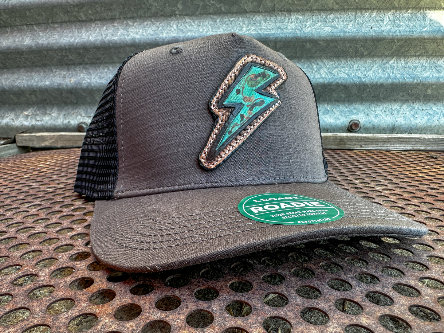 Turquoise Lightning Bolt Hand Tooled Cap