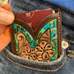 Front Pocket Hand Tooled Leather Wallet with Petite Flowers and Turquoise Border The Rodeo Rose