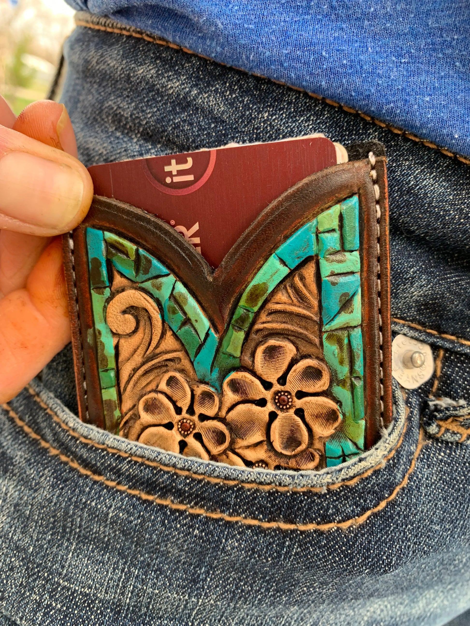 Front Pocket Hand Tooled Leather Wallet with Petite Flowers and Turquoise Border The Rodeo Rose