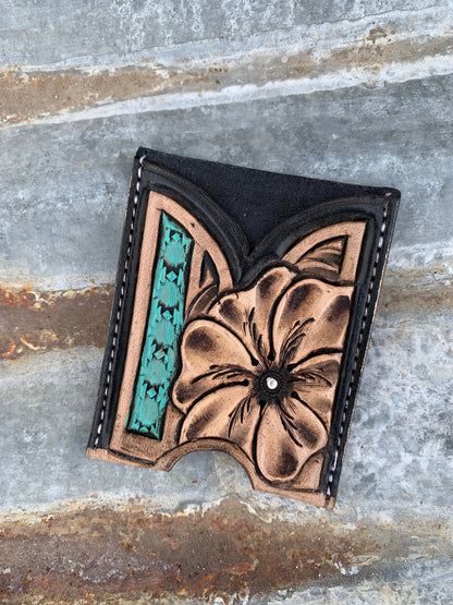 Front Pocket Hand Tooled Leather Wallet with a Flower and Southwest Bar The Rodeo Rose